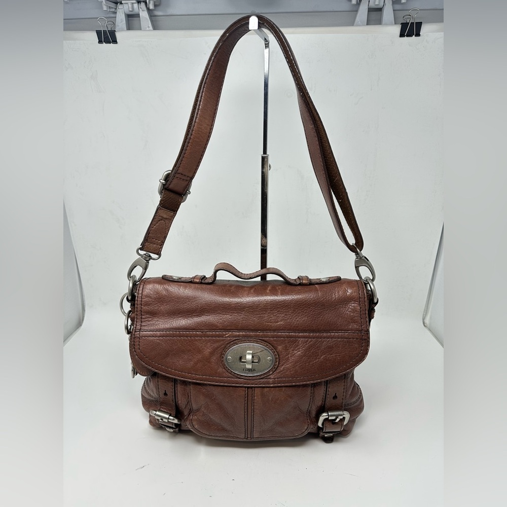 Fossil Maddox Leather Crossbody Messenger Bag Brown Turn Lock Long Live Vintage